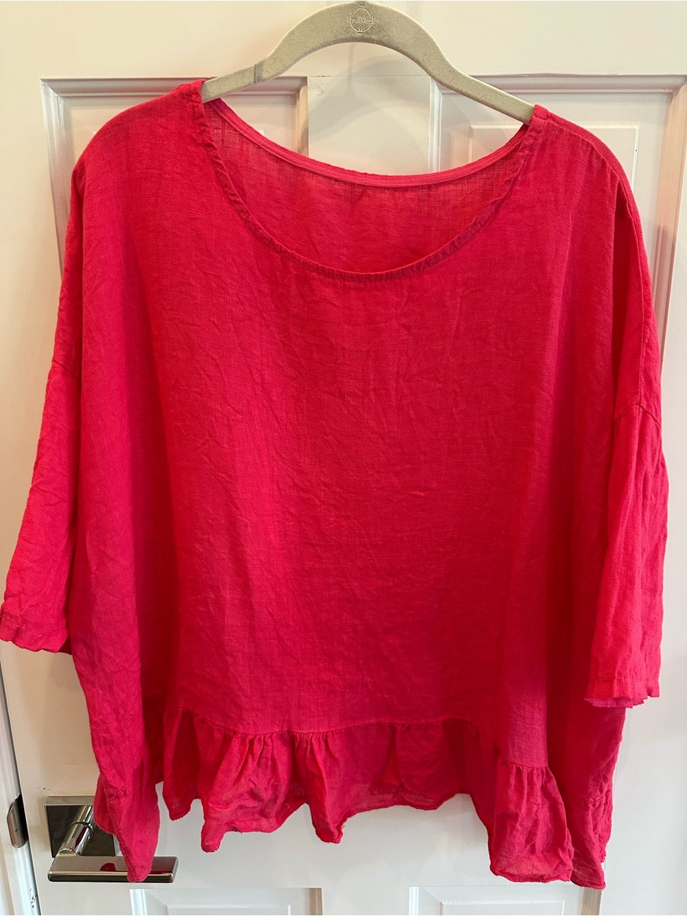 Bright Pink Linen Top with Full Sleeves and Ruffle at the Bottom. 1X